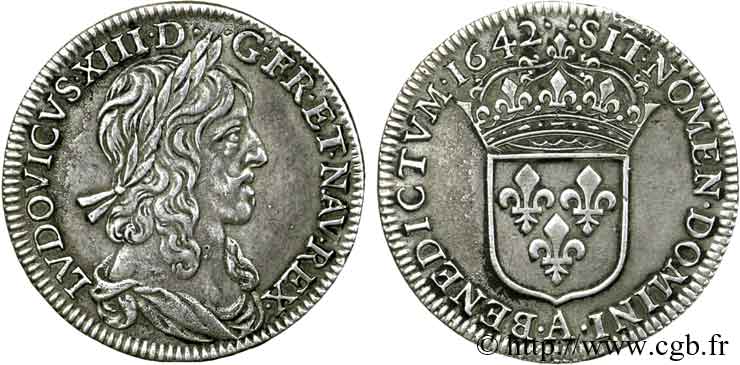 LOUIS XIII LE JUSTE Quart d écu d argent, 2e type, 1er poinçon de Warin 1642 Paris, Monnaie du Louvre TTB+