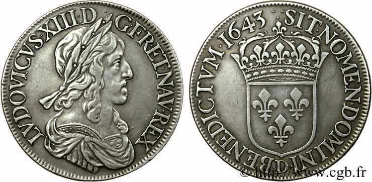 LOUIS XIII LE JUSTE Écu d argent, 3e type, 2e poinçon de Warin 1643 Lyon TTB/TTB+