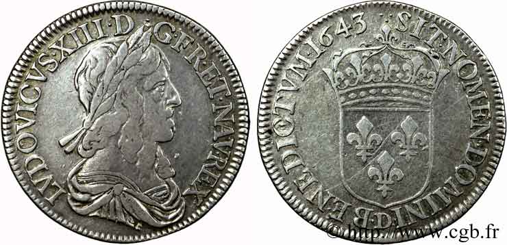 LOUIS XIII  Demi-écu, buste drapé et cuirassé (2e buste de Jean Warin) 1643 Lyon S/fSS