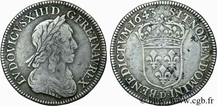 LOUIS XIII LE JUSTE Quart d écu d argent, 3e type, 2e poinçon de Warin 1643 Lyon TB/TB+