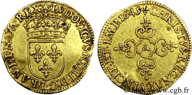 LOUIS XIV  THE SUN KING  Écu d or au soleil, à la croix anillée fleurdelisée 1645 Paris MBC+/MBC
