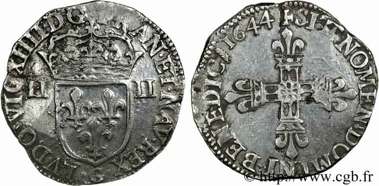 LOUIS XIV  THE SUN KING  Quart d écu, 1er type 1644 Poitiers BB