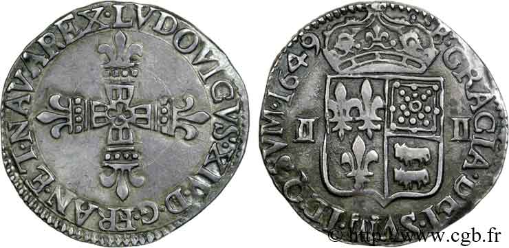 LOUIS XIV  THE SUN KING  Quart d écu de Béarn 1649 Morlaàs VZ