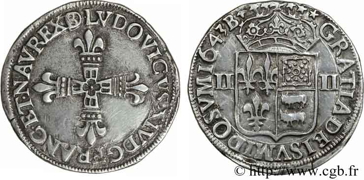 LOUIS XIV  THE SUN KING  Quart d écu de Béarn 1643 Morlaàs XF/AU