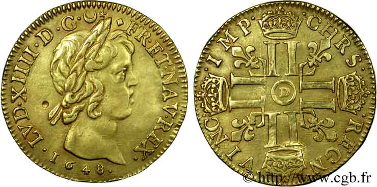 LOUIS XIV LE GRAND OU LE ROI SOLEIL Double louis d&nbsp;or aux huit L, portrait à la mèche courte 1648 Lyon TTB