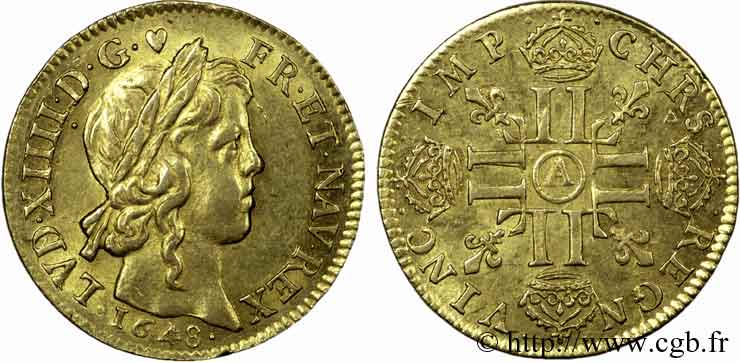 LOUIS XIV  THE SUN KING  Louis d’or aux huit L, portrait à la mèche longue 1648 Paris EBC