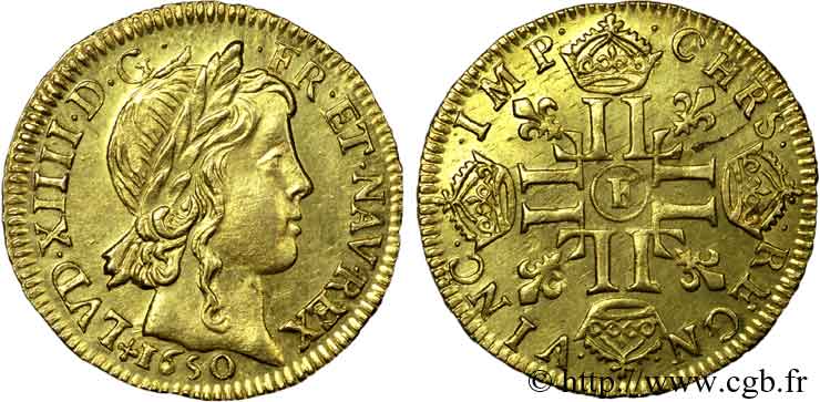 LOUIS XIV  THE SUN KING  Louis d’or aux huit L, portrait à la mèche longue 1650 Angers SC