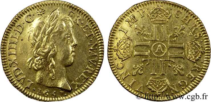 LOUIS XIV  THE SUN KING  Louis d’or aux huit L, portrait à la mèche longue 1651 Paris BB/q.SPL