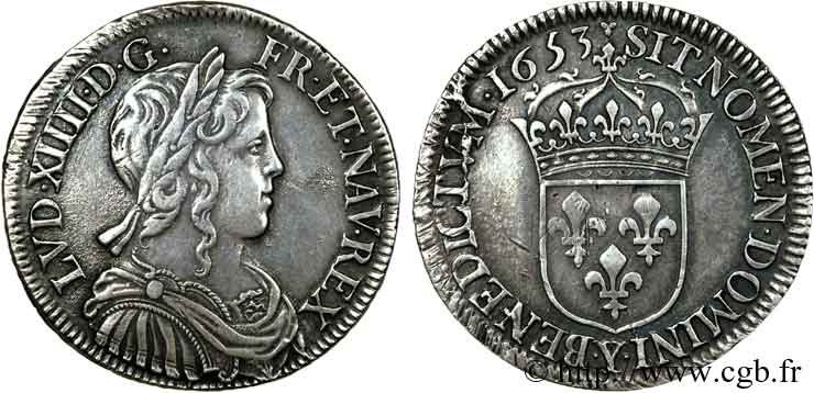 LOUIS XIV LE GRAND OU LE ROI SOLEIL Demi-écu à la mèche longue 1653 Bourges TTB+