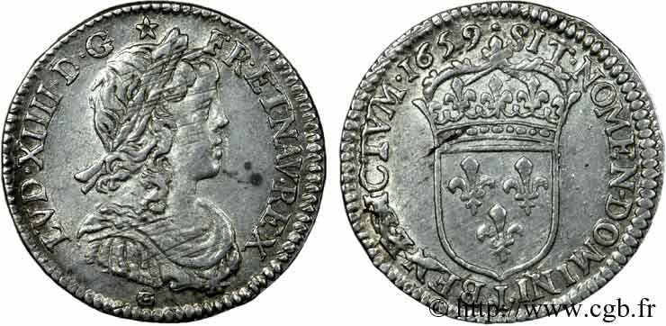 LOUIS XIV  THE SUN KING  Douzième d écu à la mèche longue 1659 Limoges SPL