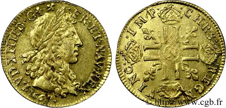 LOUIS XIV LE GRAND OU LE ROI SOLEIL Louis d or aux huit L, portrait apollinien 1667 Montpellier TTB+