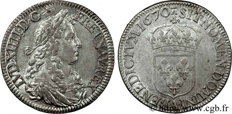 LOUIS XIV  THE SUN KING  Demi-écu au buste juvénile, 4e type 1670 Paris AU