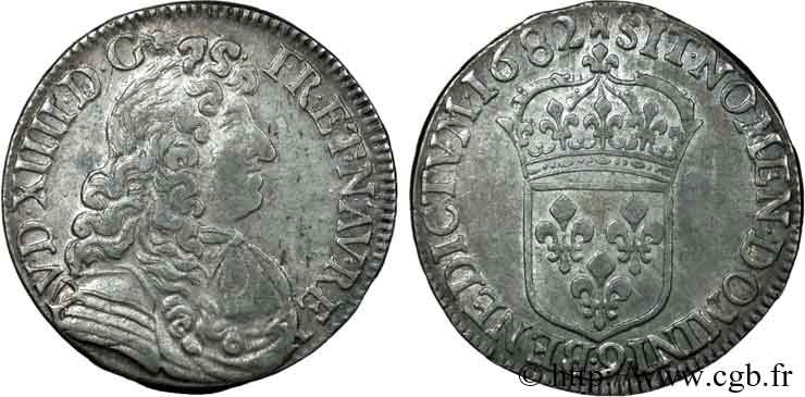 LOUIS XIV  THE SUN KING  Demi-écu à la cravate, 1er type, buste de Rennes 1682 Rennes VZ