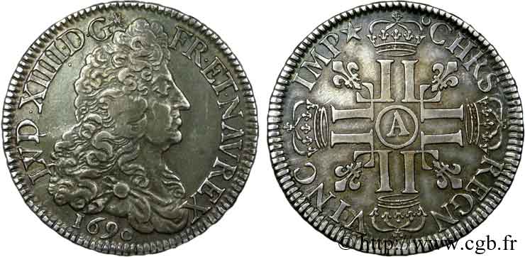 LOUIS XIV  THE SUN KING  Écu aux huit L, 1er type 1690 Paris fVZ