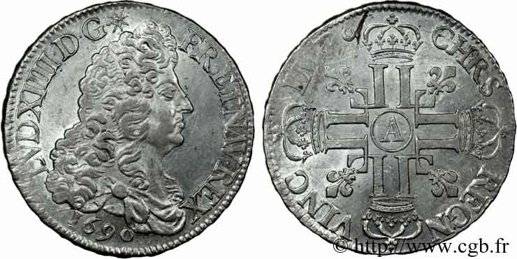 LOUIS XIV &nbsp;THE SUN KING&nbsp; Écu aux huit L, 1er type 1690 Paris AU