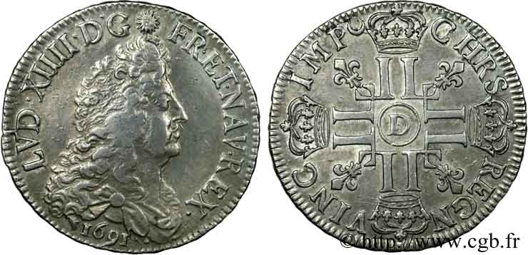 LOUIS XIV LE GRAND OU LE ROI SOLEIL Écu aux huit L, 1er type 1691 Lyon TTB