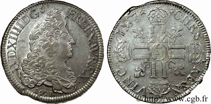 LOUIS XIV  THE SUN KING  Écu aux huit L, 1er type 1691 Metz EBC