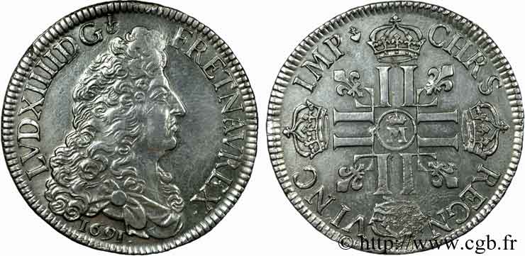 LOUIS XIV  THE SUN KING  Écu aux huit L, 1er type 1691 Metz AU