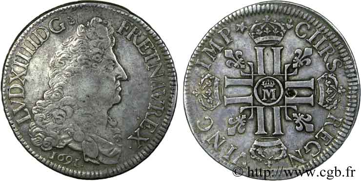 LOUIS XIV  THE SUN KING  Écu aux huit L, 1er type 1691 Metz XF