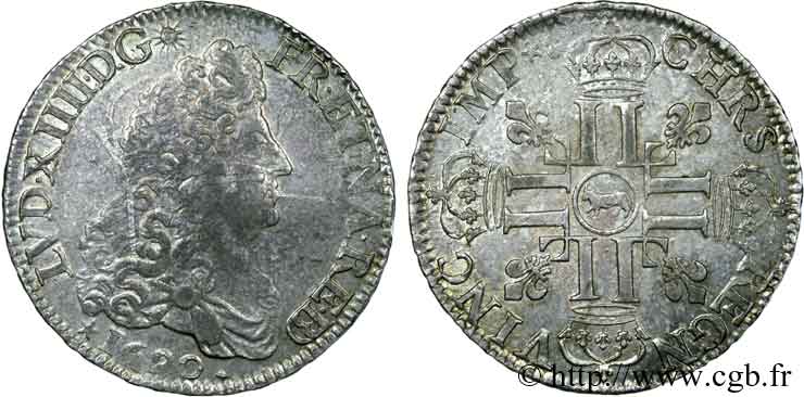LOUIS XIV  THE SUN KING  Écu aux huit L, 1er type 1690 Pau XF/AU