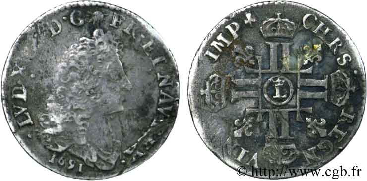 LOUIS XIV  THE SUN KING  Douzième d écu aux huit L, 1er type de Lille 1691 Lille SGE/S