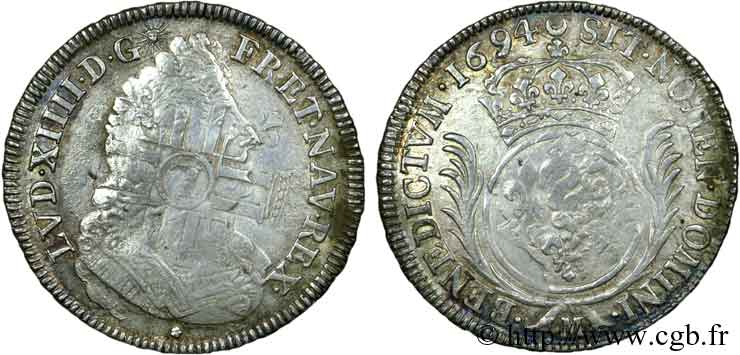 LOUIS XIV LE GRAND OU LE ROI SOLEIL Écu aux palmes 1694 Toulouse TTB