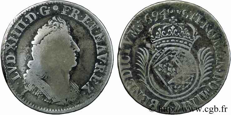LOUIS XIV  THE SUN KING  Quart d écu de Flandre aux palmes 1694 Lille fS/S