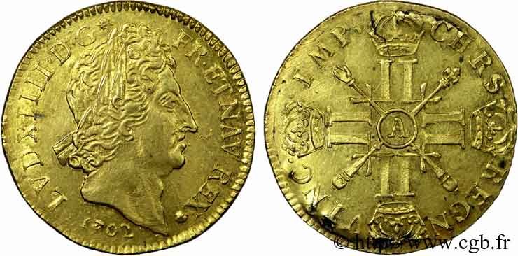 LOUIS XIV LE GRAND OU LE ROI SOLEIL Double louis d or aux huit L et insignes, faux d’époque 1702 Paris TTB+