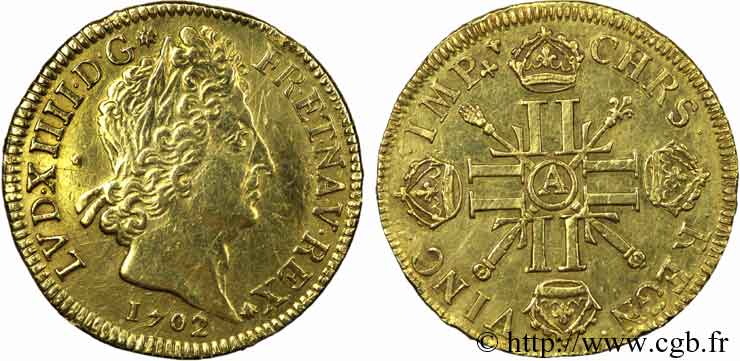 LOUIS XIV  THE SUN KING  Double louis d or aux huit L et aux insignes 1702 Paris MBC