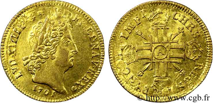 LOUIS XIV  THE SUN KING  Louis d’or aux huit L et aux insignes 1701  Paris XF
