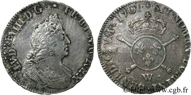 LOUIS XIV &nbsp;THE SUN KING&nbsp; Demi-écu aux insignes 1701 Lille VF/XF