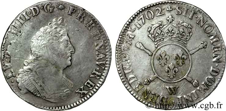 LOUIS XIV LE GRAND OU LE ROI SOLEIL Demi-écu aux insignes avec le buste du palme 1702 Lille TB+/TTB