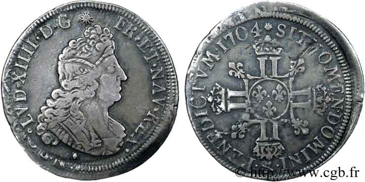 LOUIS XIV  THE SUN KING  Quart d’écu aux huit L, 2e type 1704 Aix-en-Provence MBC