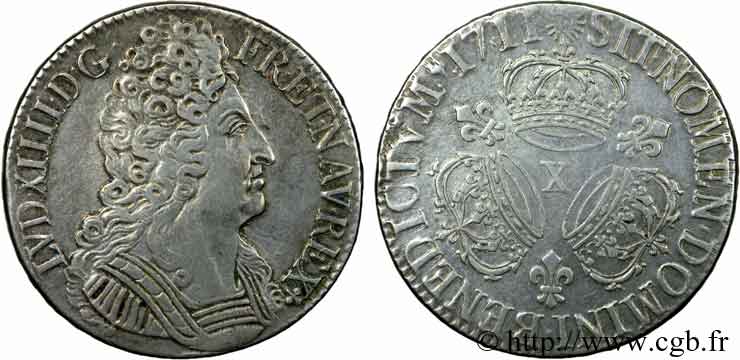 LOUIS XIV LE GRAND OU LE ROI SOLEIL Écu aux trois couronnes 1711 Amiens TTB