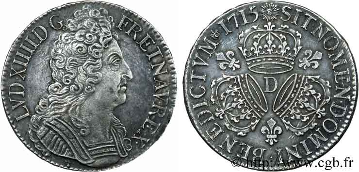 LOUIS XIV LE GRAND OU LE ROI SOLEIL Écu aux trois couronnes 1715 Lyon SUP