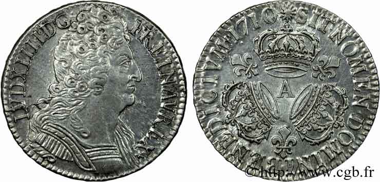 LOUIS XIV  THE SUN KING  Demi-écu aux trois couronnes 1710 Paris MS