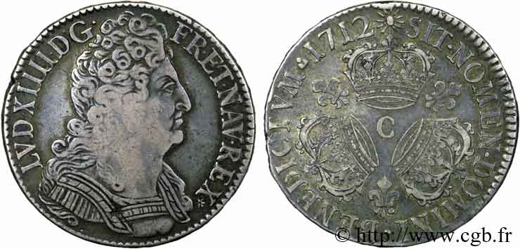 LOUIS XIV  THE SUN KING  Demi-écu aux trois couronnes 1712 Caen XF/AU