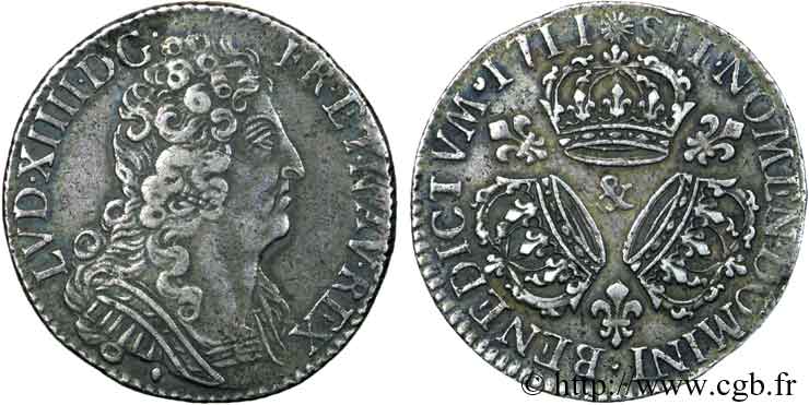 LOUIS XIV  THE SUN KING  Quart d écu aux trois couronnes 1711 Aix-en-Provence BB