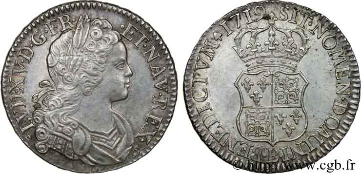 LOUIS XV DIT LE BIEN AIMÉ Écu de Navarre 1719 Rouen SUP/SPL