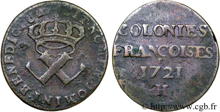 LOUIS XV DIT LE BIEN AIMÉ Neuf deniers, colonies françoises 1721 La Rochelle TB+