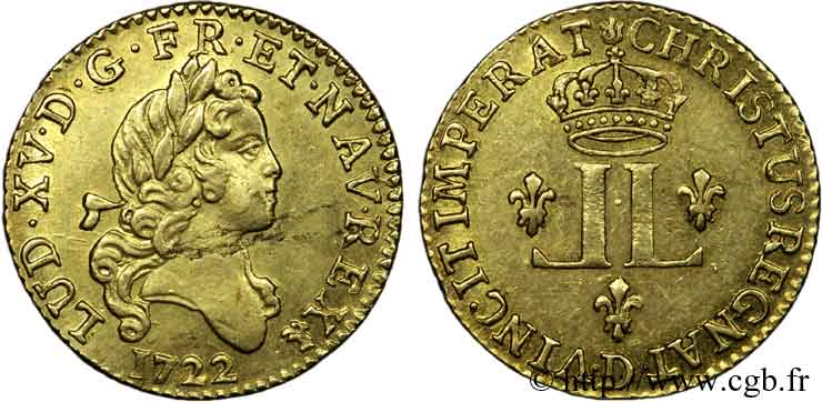 LOUIS XV  THE WELL-BELOVED  Demi-louis d’or aux deux L couronnées 1722 Lyon AU