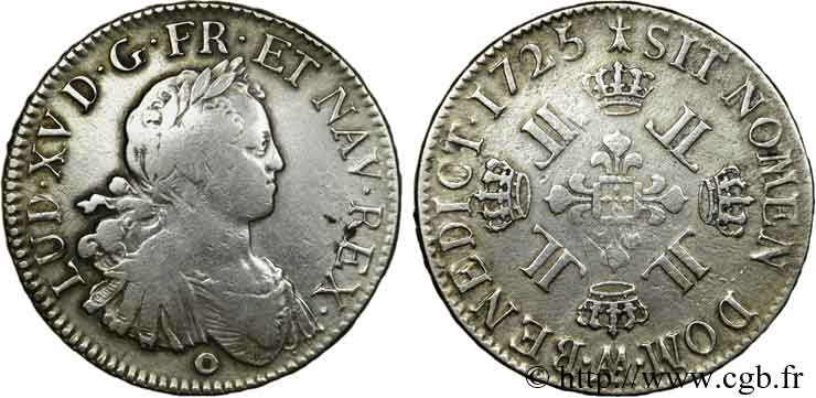 LOUIS XV  THE WELL-BELOVED  Écu dit “aux huit L” 1725 Metz VF