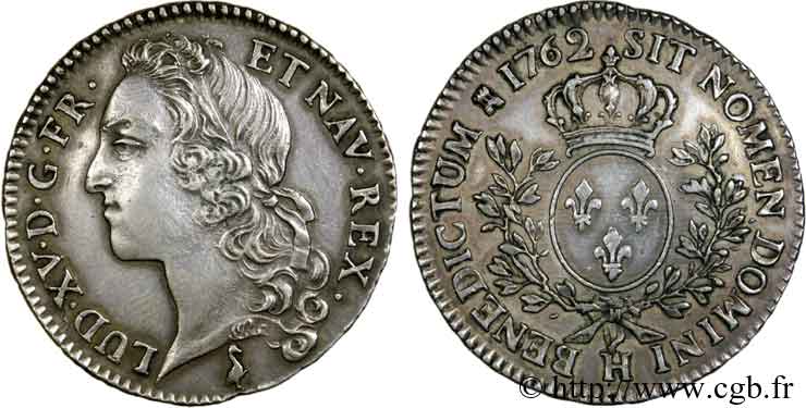 LOUIS XV &nbsp;THE WELL-BELOVED&nbsp; Demi-écu aux branches d’olivier, tête ceinte d’un bandeau 1762 La Rochelle AU/AU