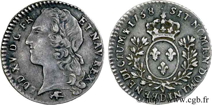 LOUIS XV  THE WELL-BELOVED  Dixième d écu aux branches d’olivier, tête ceinte d’un bandeau 1758 Lyon XF/AU