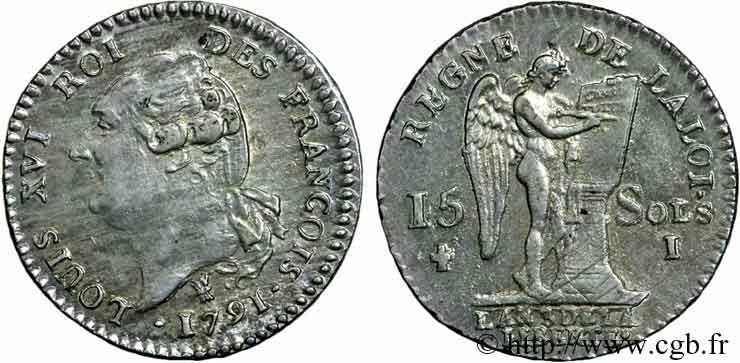 LOUIS XVI (MONARQUE CONSTITUTIONNEL)  15 sols dit  au génie , type FRANÇOIS 1791 Limoges TTB