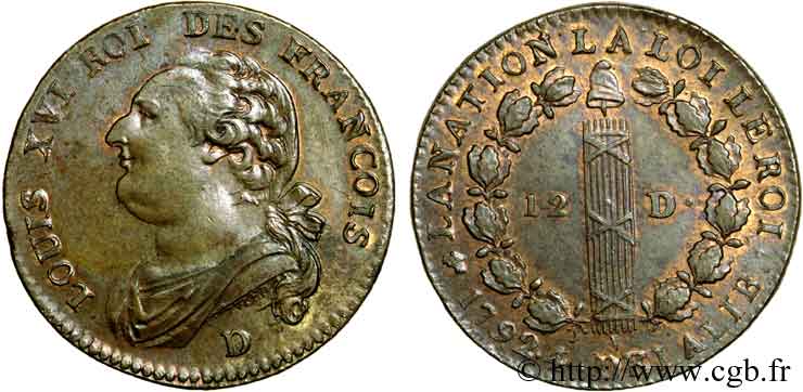 LOUIS XVI (MONARQUE CONSTITUTIONNEL)  12 deniers dit &nbsp;au faisceau&nbsp;, type FRANÇOIS 1792 Lyon SUP/SPL