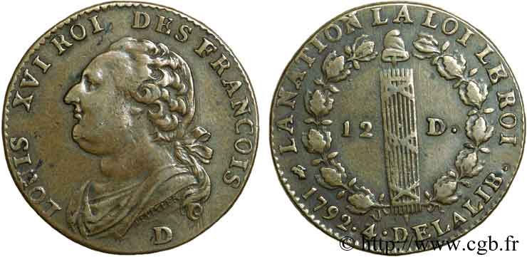 LOUIS XVI 12 deniers dit &nbsp;au faisceau&nbsp;, type FRANÇOIS 1792 Lyon BB