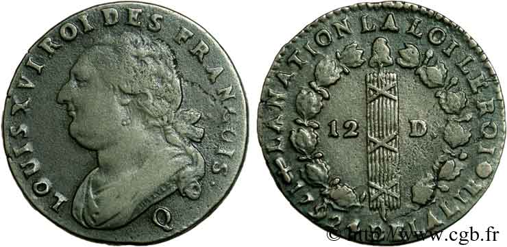 LOUIS XVI (MONARQUE CONSTITUTIONNEL)  12 deniers dit &nbsp;au faisceau&nbsp;, type FRANÇOIS 1792 Perpignan TTB+
