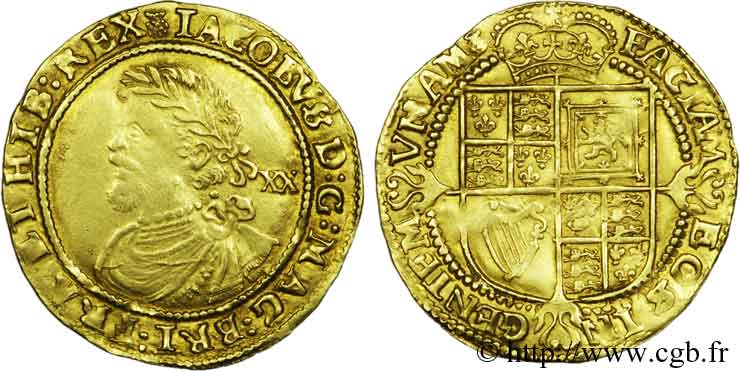 ENGLAND - KINGDOM OF ENGLAND - JAMES I Laurel de 20 schillings, 3e buste n.d. Londres XF/AU