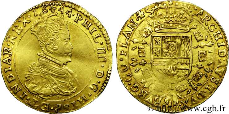 PAYS-BAS ESPAGNOLS - COMTÉ DE FLANDRE - PHILIPPE IV Double souverain 1644 Bruges TTB